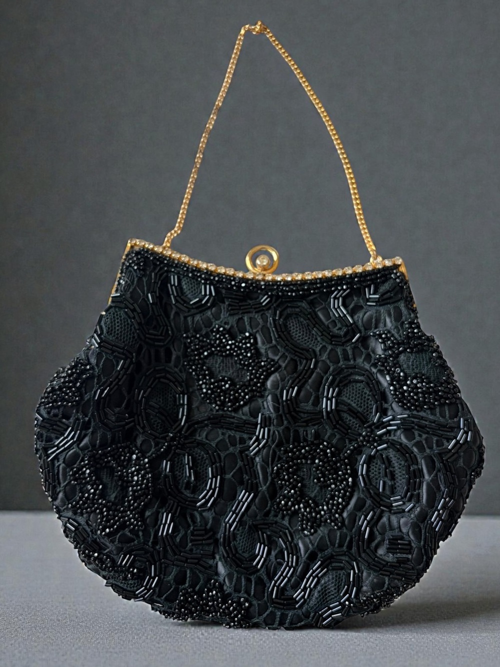 VTG Delill Black Beaded Evening Bag with Gold Chain Classic Elegance